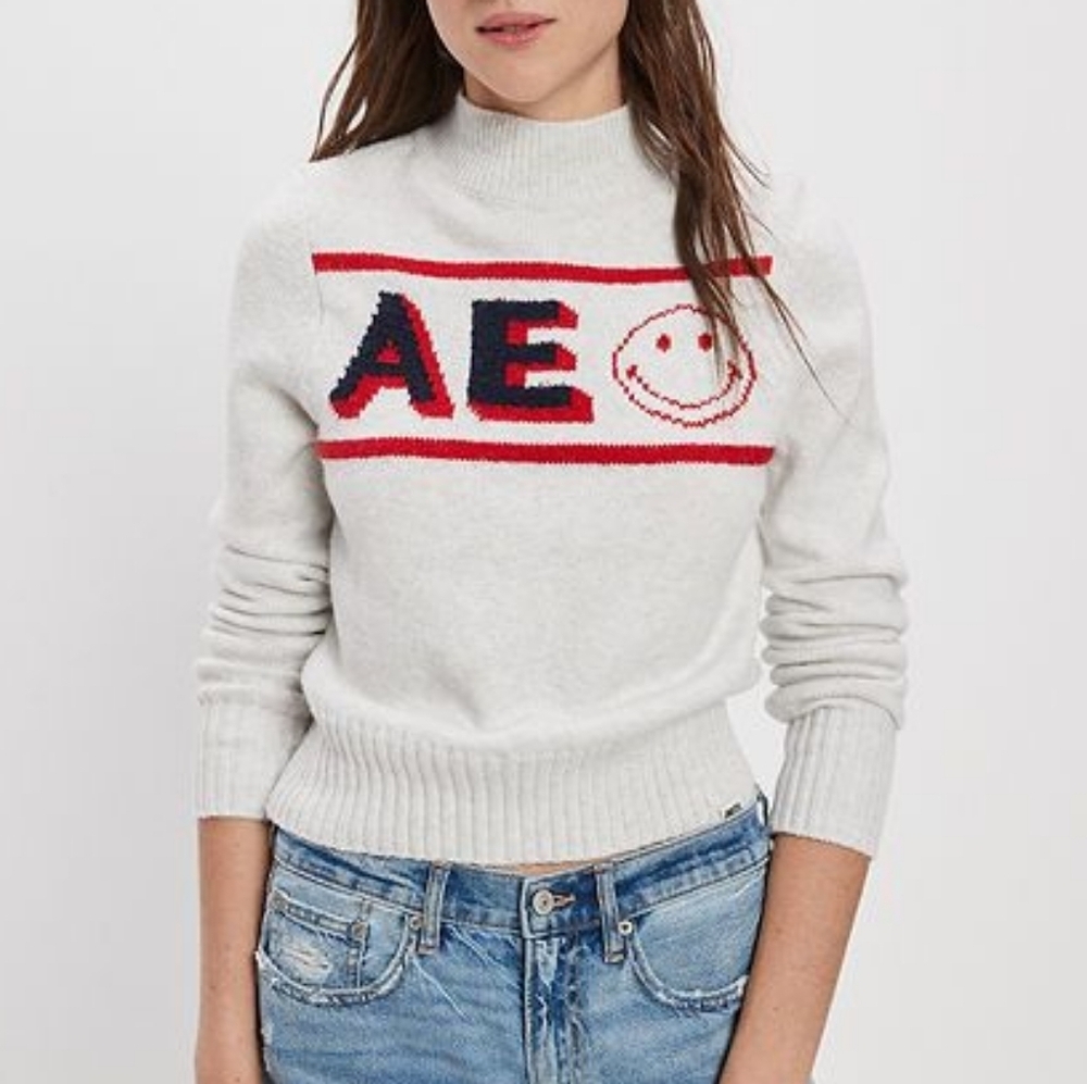 Ae | Smiley Collab Mock Neck Graphic Knit Sweater Gray S M